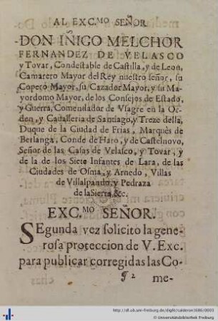 Al exc. señor Don Iñigo Melchor Fernandez de Velasco.