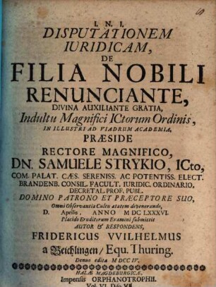 Disputationem Iuridicam, De Filia Nobili Renunciante