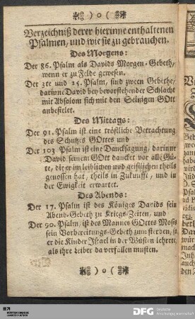Verzeichniß derer hierinne enthaltenen Psalmen, und wie sie zu gebrauchen.