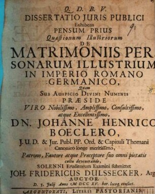 Dissertatio juris publici exhibens pensum prius quaestionum illustriorum de matrimoniis personarum illustrium in Imperio Romano-Germanico
