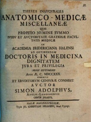 Theses inaugurales anatomico-medicae miscellaneae