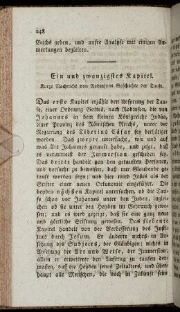Ein und zwanzigstes Kapitel. Kurze Nachricht von Robinsons Geschichte der Taufe.