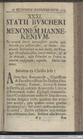XXXI. Statii Buscheri ad Menonem Hannekenium