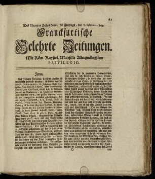 Num. XI Freytags, den 7. Februar 1744 - Num. XX Dienstags, den 10. Mart. 1744