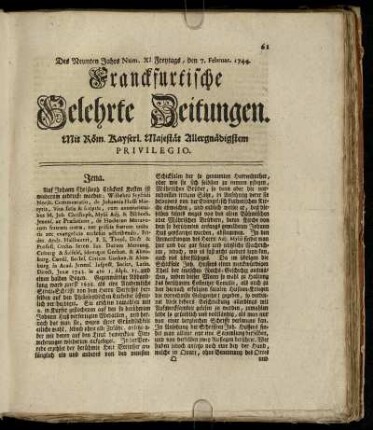 Num. XI Freytags, den 7. Februar 1744 - Num. XX Dienstags, den 10. Mart. 1744