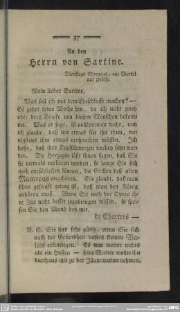 An den Herrn von Sartine. Dienstags Morgens, ein Viertel auf zwölfe