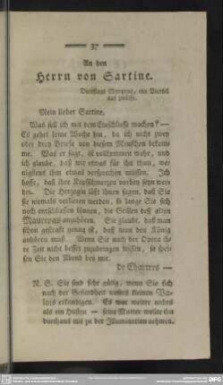 An den Herrn von Sartine. Dienstags Morgens, ein Viertel auf zwölfe