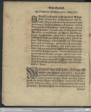 Leichenpredigt : Edler Gewinst. [Eingang]. [Textus]. Exordium