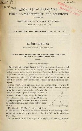 (Opuscules géométriques), [28]. Sur les transformations systématiques des formules relatives au triangle - transformation continue