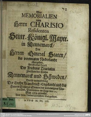 Vier Memoralien ... den Herren General-Staten der Niederlande übergeben, betreffend das Project der Friedens-Tractaten zwischen Dennemarck und Schweden