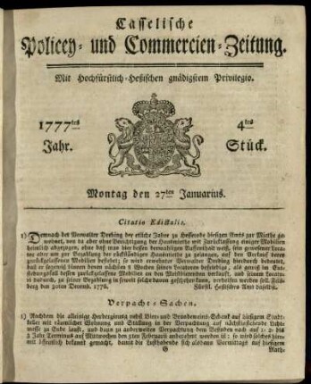 4tes Stueck, Montag den 27ten Januarius 1777