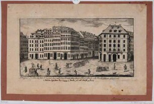 Der Neumarkt in Dresden nach Südosten, links Landhausgasse und Justitia-Brunnen, mittig Moritzstraße, rechts Hotel Stadt Rom und Kirchgasse, Teil einer Reihe Dresdner und sächsischer Ansichten von Schlitterlau um 1770