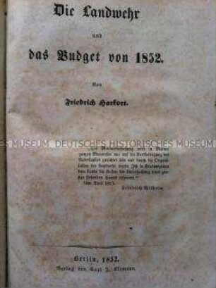 Flugschrift zur Finanzierung einer Landwehr 1852