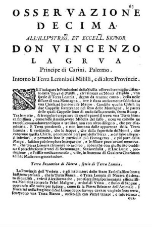 Osservazione Decima all'Illustriss. et Eccell. Sig. Don Vincenzo la Grua ...