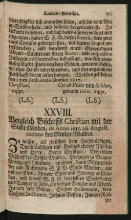 XXVIII. Vergleich Bischoffs Christian mit der Stadt Minden, de Anno 1618. 26. August. ratione des Minder-Waldes.