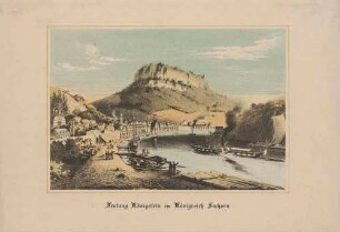 Die Stadt und die Festung Königstein in der Sächsischen Schweiz, Blick vom linken Elbufer in westliche Richtung, mit Eisenbahn (ab 1851 in Königstein)
