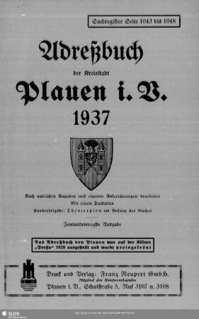 42.1937: Adreßbuch der Kreisstadt Plauen i. V. : nach amtlichen Angaben und eigenen Aufzeichnungen bearbeitet