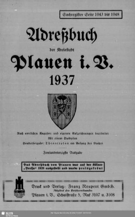 42.1937: Adreßbuch der Kreisstadt Plauen i. V. : nach amtlichen Angaben und eigenen Aufzeichnungen bearbeitet