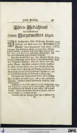 Ehren-Bedächtnuß des verstorbenen Herren Burgermeistes seligen.