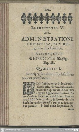 Exercitatio V. De Administratione Religiosa, Seu Regimine Ecclesiastico