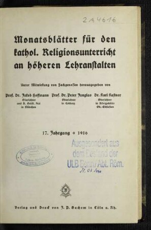 17: Monatsblätter für den katholischen Religionsunterricht an höheren Lehranstalten - 17. 1916