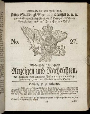 No. 27. Montags, den 4ten Julii 1763.