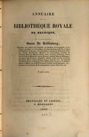 Annuaire de la Bibliothèque Royale de Belgique. 1. 1840