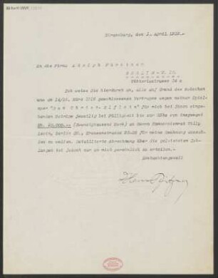 Brief an Adolph Fürstner  : 01.04.1918