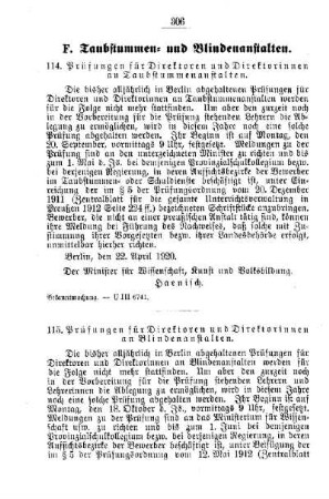 Prüfung für Direktoren und Direktorinnen an den Taubstummenanstalten : [F. Taubstummen- und Blindenanstalten]
