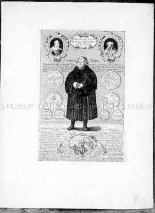 Bildnisse von Luther, Gustav Adolf von Schweden, Johann von Sachsen und Gedenkmünzen zum 200. Jahrestag der Augsburger Konfession
