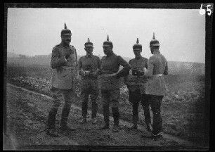Gruppenbild mit 5 Offizieren mit Pickelhaube auf einem Feldweg