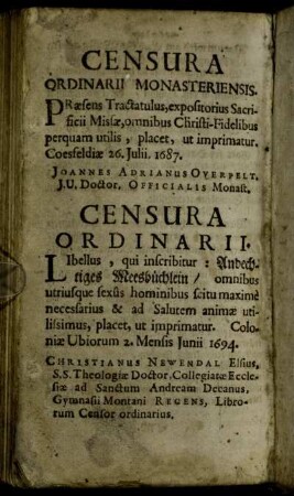 Censura Ordinarii Monasteriensis. - Censura Ordinarii.