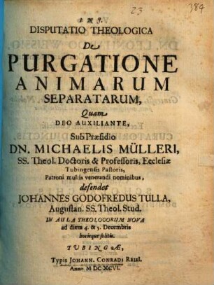 Disputatio Theologica De Purgatione Animarum Separatarum