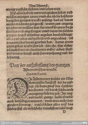 Von der ausztheilung des gantzen Astronomischen wercks. Das dritt Capittel.