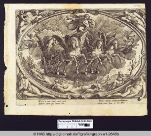 Phaeton leitet den Sonnenwagen, in ovaler Einfassung mit allegorischen Figuren in den Ecken, die Winde darstellend.