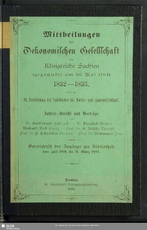 1891/1893: Bibliothek der Ökonomischen Gesellschaft im Königreiche Sachsen : Zugänge vom ...