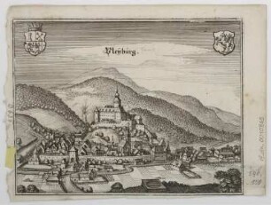 Ansicht von Bleiburg, Kupferstich, um 1650? : Pleyburg / [Matthaeus Merian]. - [Francof.] , [ca. 1650?]. - 1 Ansicht : Kupferst. ; 18 x 14 cm. O oben. - Mit 2 Wappen. - Kompassrose unten Mitte