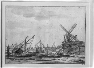 Flußufer mit Segelbooten und Windmühle