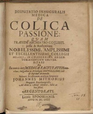 Disputatio Inauguralis Medica De Colica Passione