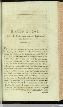 Erster Brief. Ueber die Nothwendigkeit der Erziehung zur Religion