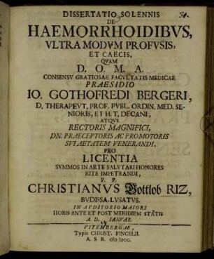 Dissertatio Solennis De Haemorrhoidibus, Ultra Modum Profusis, Et Caecis