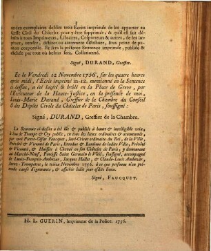 Sentence Du Chastelet De Paris, Qui condamne un Ecrit imprimé, intitulé: Epistre à Monsigneur ... Mathias Poncet de la Rivière, Evêque de Troyes, à être lacéré & brulé ... : Extrait Des Registres Du Chastelet. Du Mercredi dix Novembre mil sept cens cinquante-six