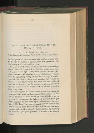 "Education and Statesmanship in India, 1797-1910".