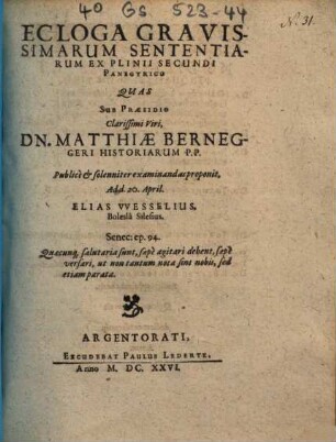 Ecloga gravissimarum sententiarum ex Plinii Secundi Panegyrico
