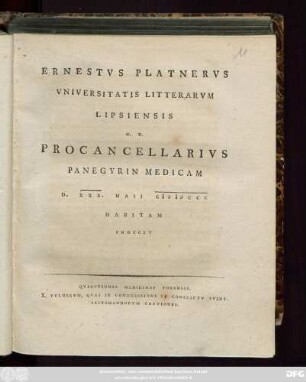 Ernestvs Platnervs Vniversitatis Litterarvm Lipsiensis H. T. Procancellarivs Panegyrin Medicam D. XXX. Maii. MDCCC Habitam Indicit : Qvaestiones Medicinae Forensis. X. Vvlnervm, Qvae In Congressione Et Conflictv Fvint, Aestimandorvm Cavtiones