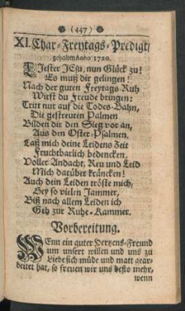 XI. Char-Freytags-Predigt, gehalten Anno 1720.