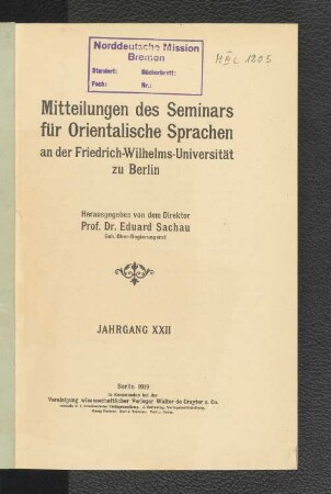22.1919: Mitteilungen des Seminars für Orientalische Sprachen an der Friedrich Wilhelms-Universität zu Berlin