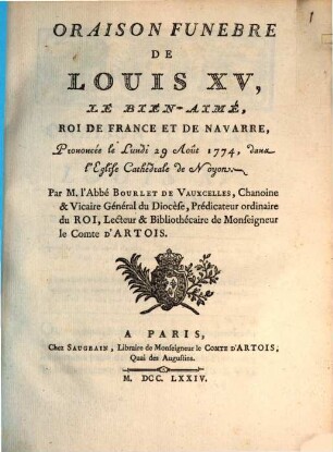 Oraison funebre de Louis XV. Roi de France
