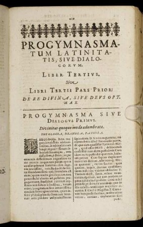 De Re Divina, Sive Deus Opt. Max. Progymnasma Sive Dialogus Primus. - Progymnasma Quintum.