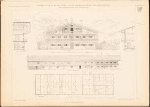 Bauernhaus, Tegernsee: Grundriss, Vorderansicht, Schnitte (aus: Das Bauernhaus im Deutschen Reiche und seinen Grenzgebieten, hrsg.v. Verbande Deutscher Architekten-und Ingenieurvereine, 1906)